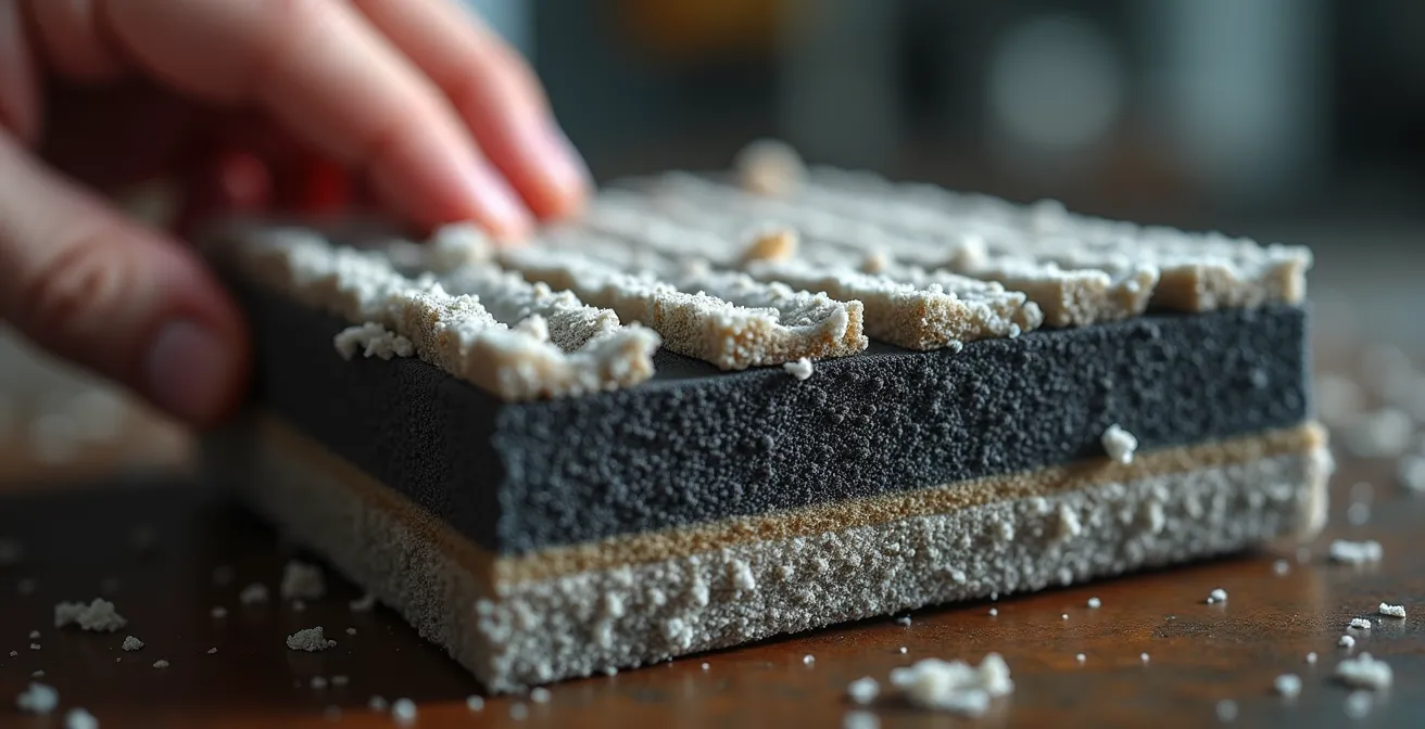 Détail macro des composants d'une VMC montrant les éléments à entretenir (filtres, bouches d'extraction, caisson)