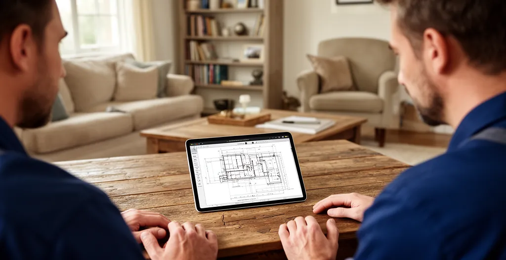 Propriétaire et technicien consultant une tablette sur la table du salon