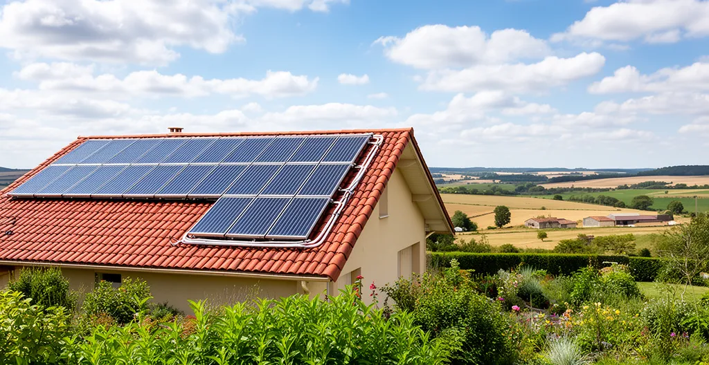 Panneaux solaires thermiques installés sur toit en tuiles avec ciel bleu