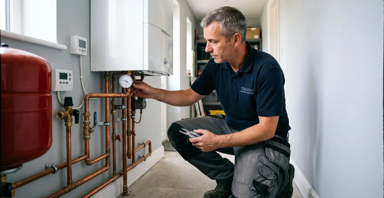 Chauffagiste professionnel en tenue de travail inspectant une chaudière murale à condensation dans une chaufferie domestique moderne, mains positionnées sur les contrôles techniques
