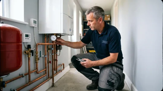 Chauffagiste professionnel en tenue de travail inspectant une chaudière murale à condensation dans une chaufferie domestique moderne, mains positionnées sur les contrôles techniques