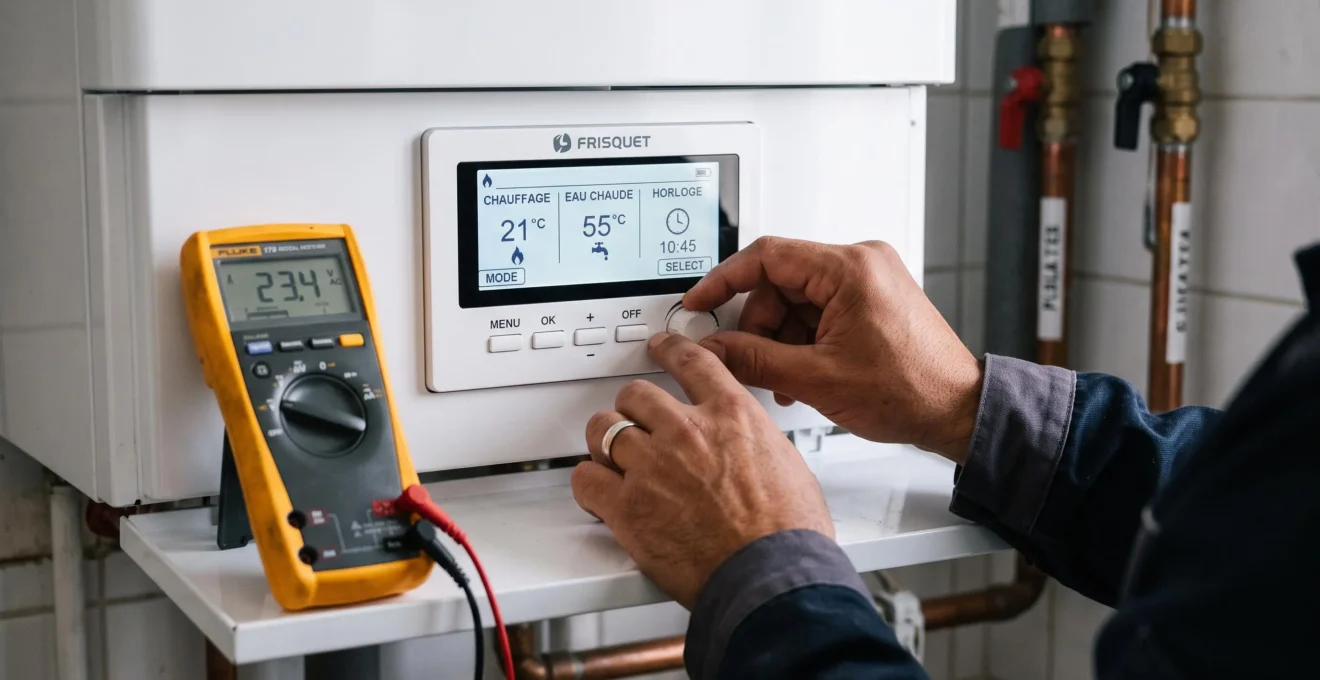Gros plan sur les mains d'un technicien effectuant des réglages sur le panneau de commande numérique d'une chaudière lors d'un entretien de maintenance, multimètre posé à proximité