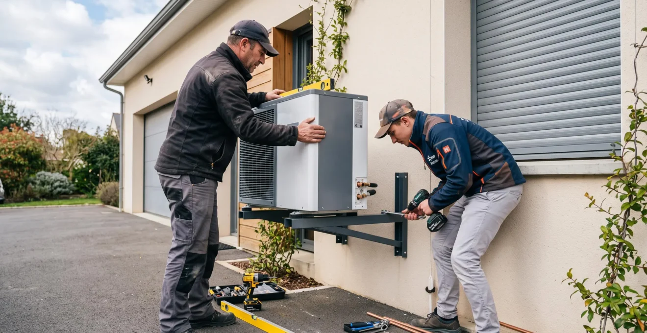 Deux techniciens chauffagistes installant une unité extérieure de pompe à chaleur sur le mur d'une habitation, avec outils de pose au sol