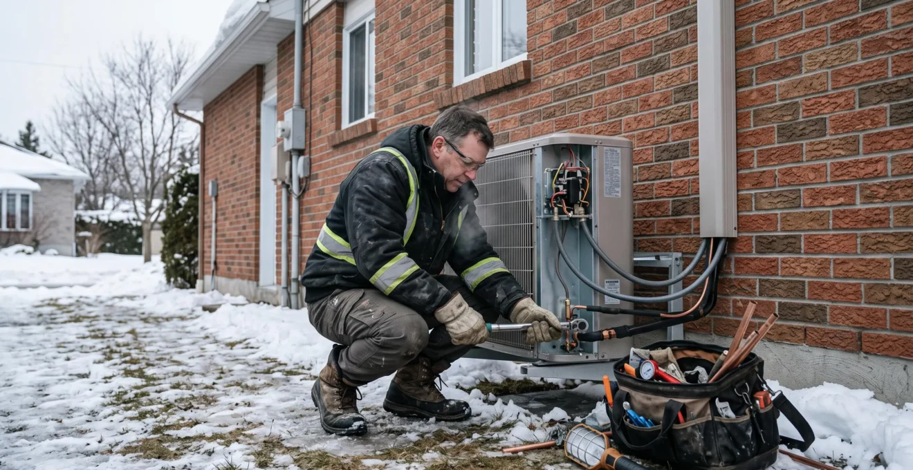 Un mécanicien installe une thermopompe extérieure devant une résidence en hiver.